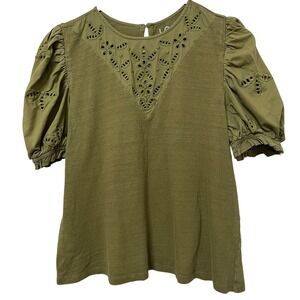 Loft Women's Blouse Sz Small Army Green Eyelet Puff Sleeves Cottage Core